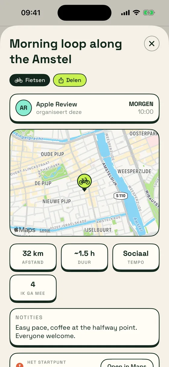 Een activiteit met kaart, afstand en wie er meegaan
