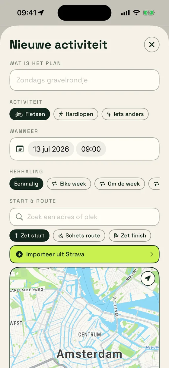 Nieuwe activiteit aanmaken met route uit Strava
